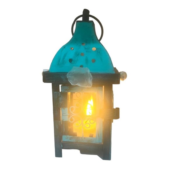 Artisan Crafted Candle Metal Lantern Hand-Painted Turquoise Sea Glass and Conch - Picture 5 of 8